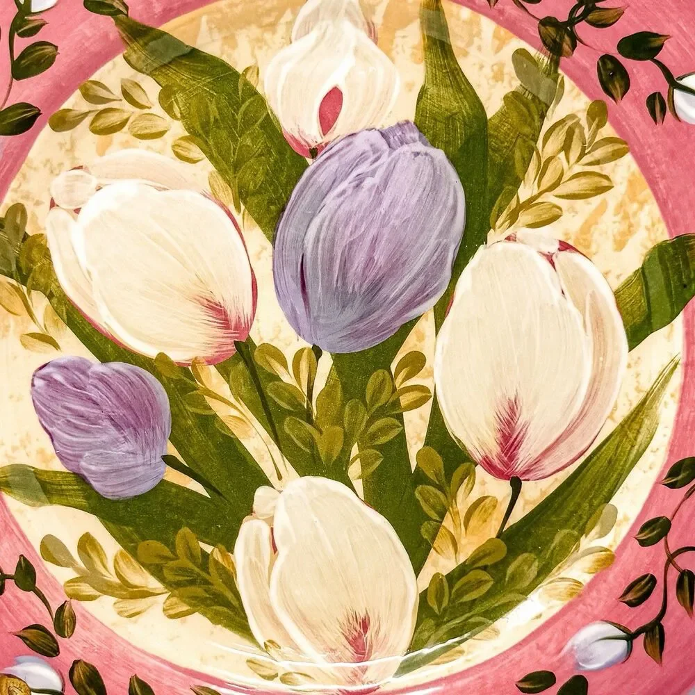 Lesal Home Hand Painted Floral Ceramic Plate Signed California 11” Tulip Decor